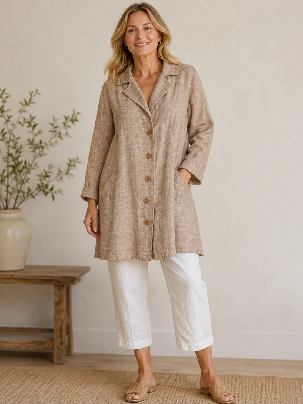 Flax Linen Button Front Tunic Shirt Jacket Tan Small Lagenlook Minimalist